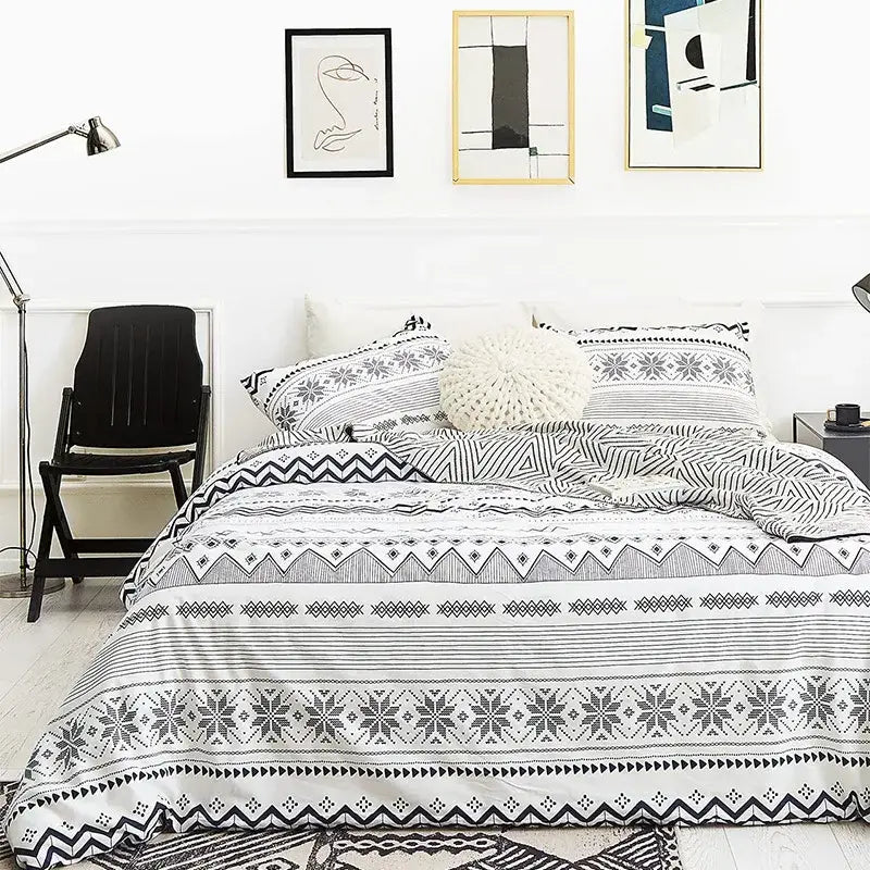 Boho chic black & white botanical bedding set bedroom duvet cover