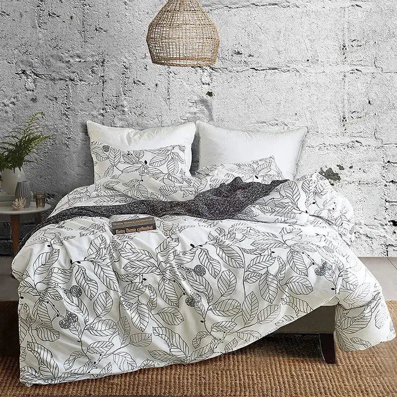Boho chic black & white botanical bedding set bedroom duvet cover