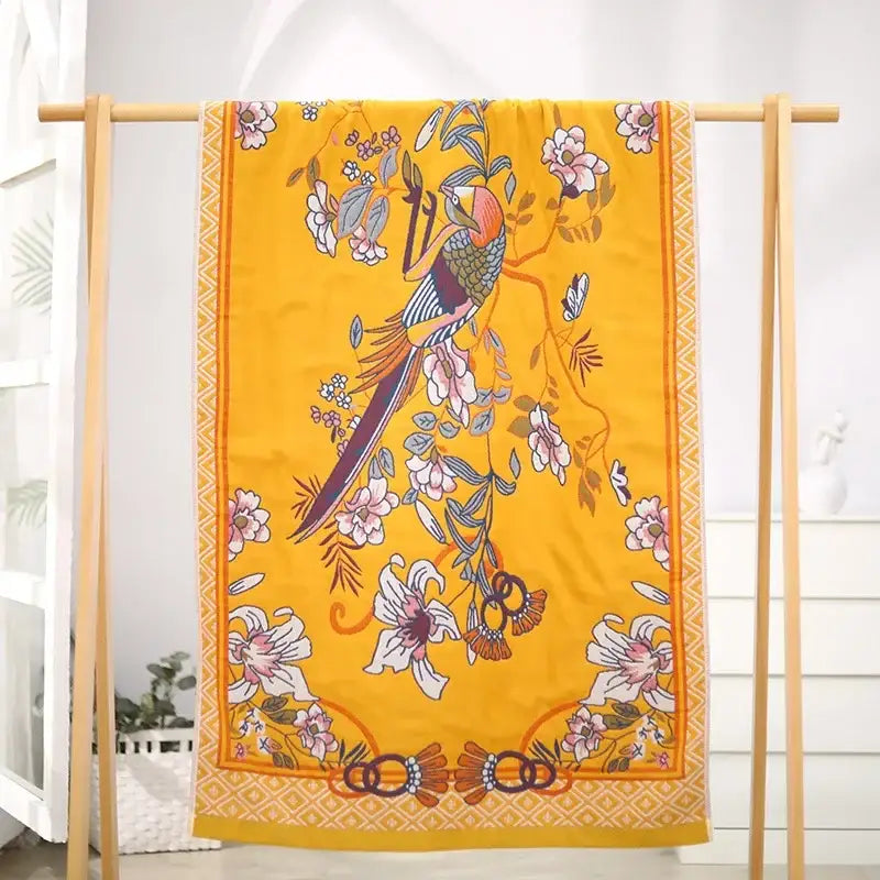 Boho cotton gauze bath towel beige & blue paisley bathroom wrap