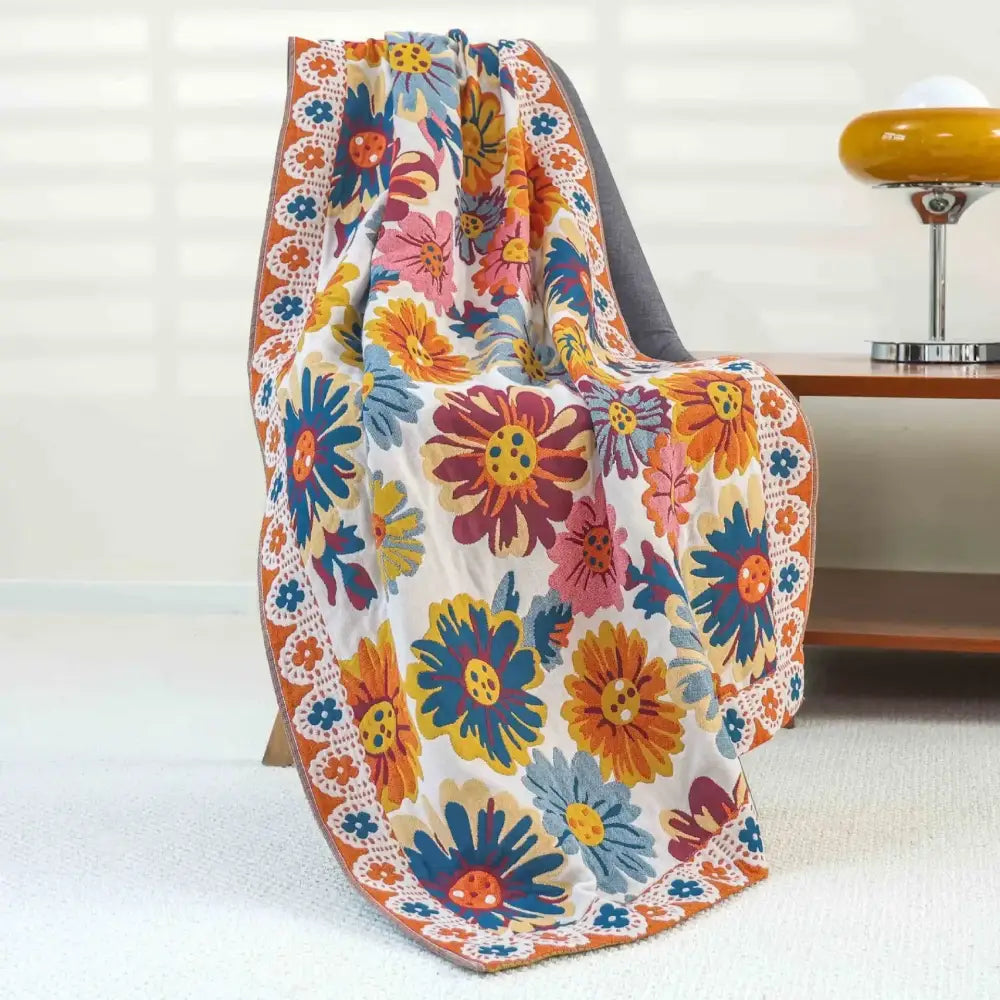 Boho cotton gauze bath towel beige & blue paisley bathroom wrap