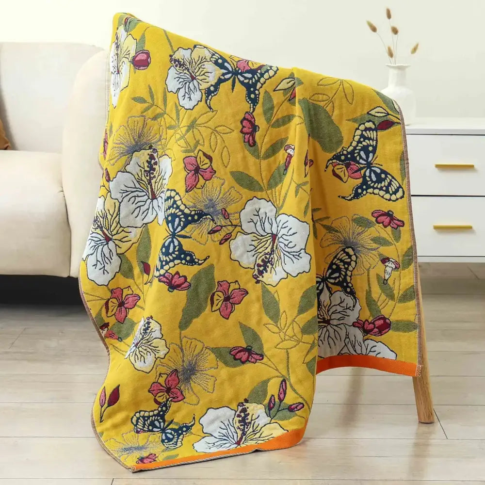 Boho cotton gauze bath towel beige & blue paisley bathroom wrap