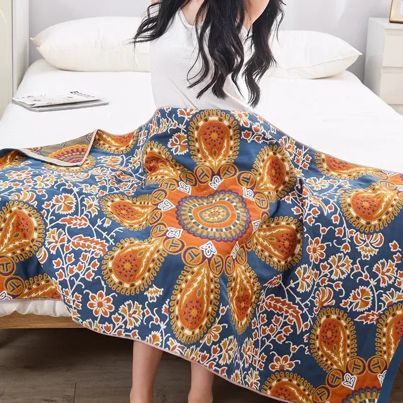 Boho cotton gauze bath towel beige & blue paisley bathroom wrap