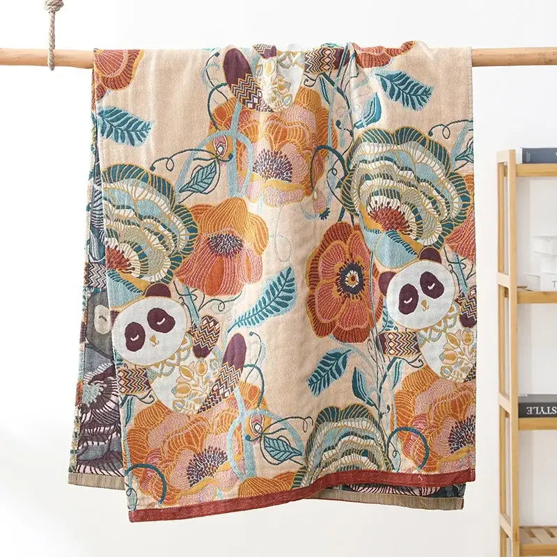 Boho cotton gauze bath towel beige & blue paisley bathroom wrap