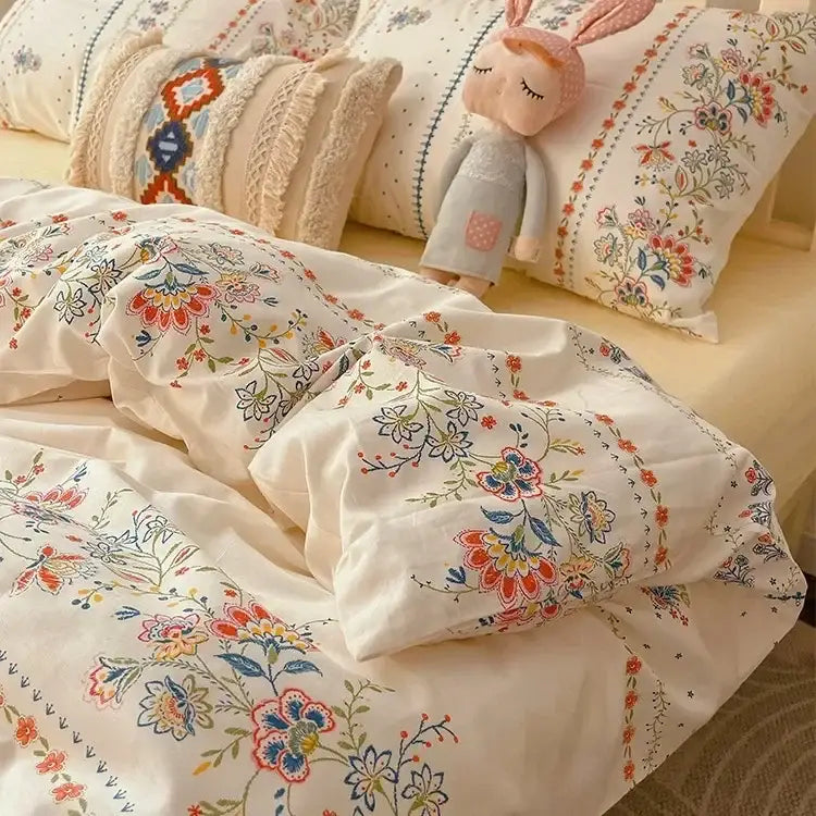Boho cotton printed cream floral bedding set – bedroom duvet cover