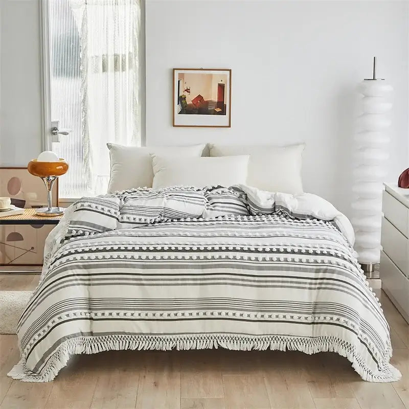Boho cream & beige striped duvet set bedroom pom pom bedding
