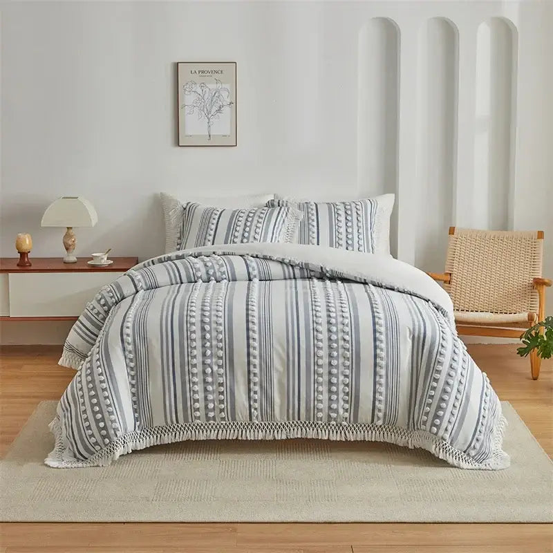 Boho cream & beige striped duvet set bedroom pom pom bedding