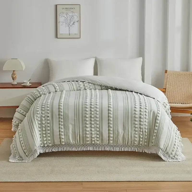 Boho cream & beige striped duvet set bedroom pom pom bedding