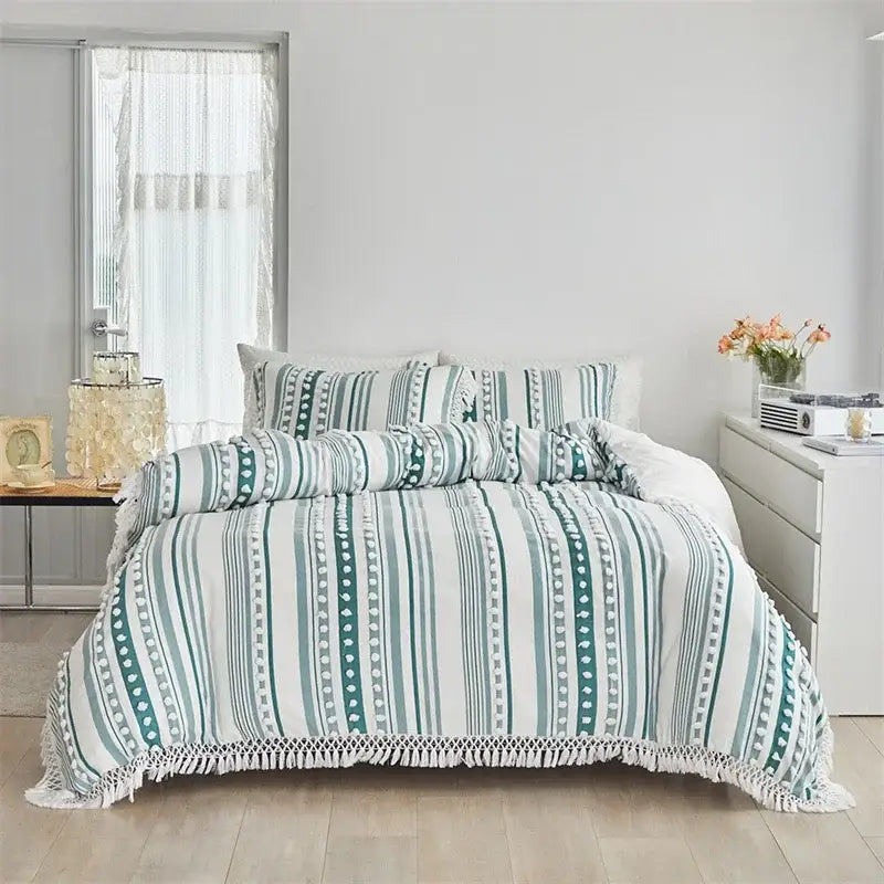 Boho cream & beige striped duvet set bedroom pom pom bedding