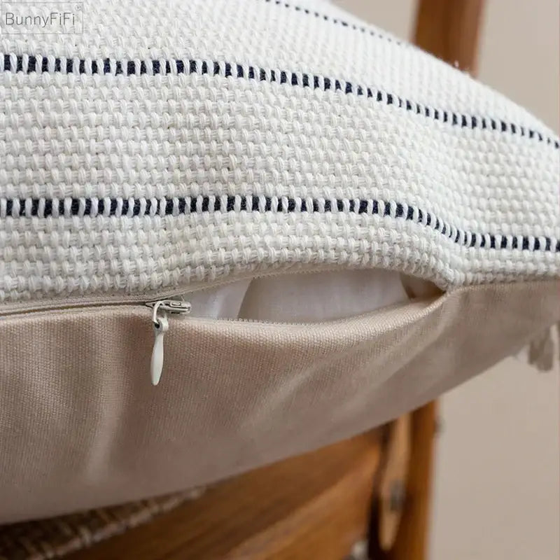 Boho cream & black handmade cotton woven cushion living room pillow
