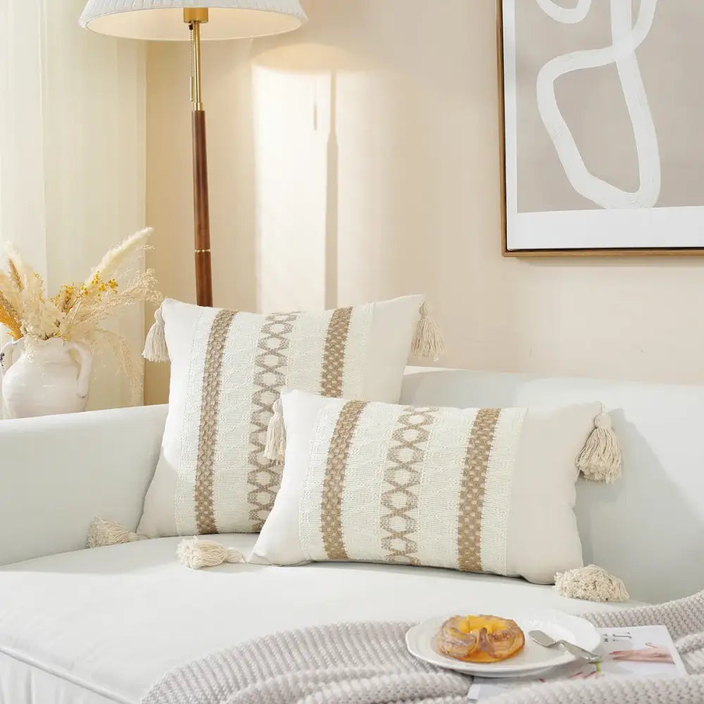 Boho cream & black woven cushion cover living room tasseled pillow