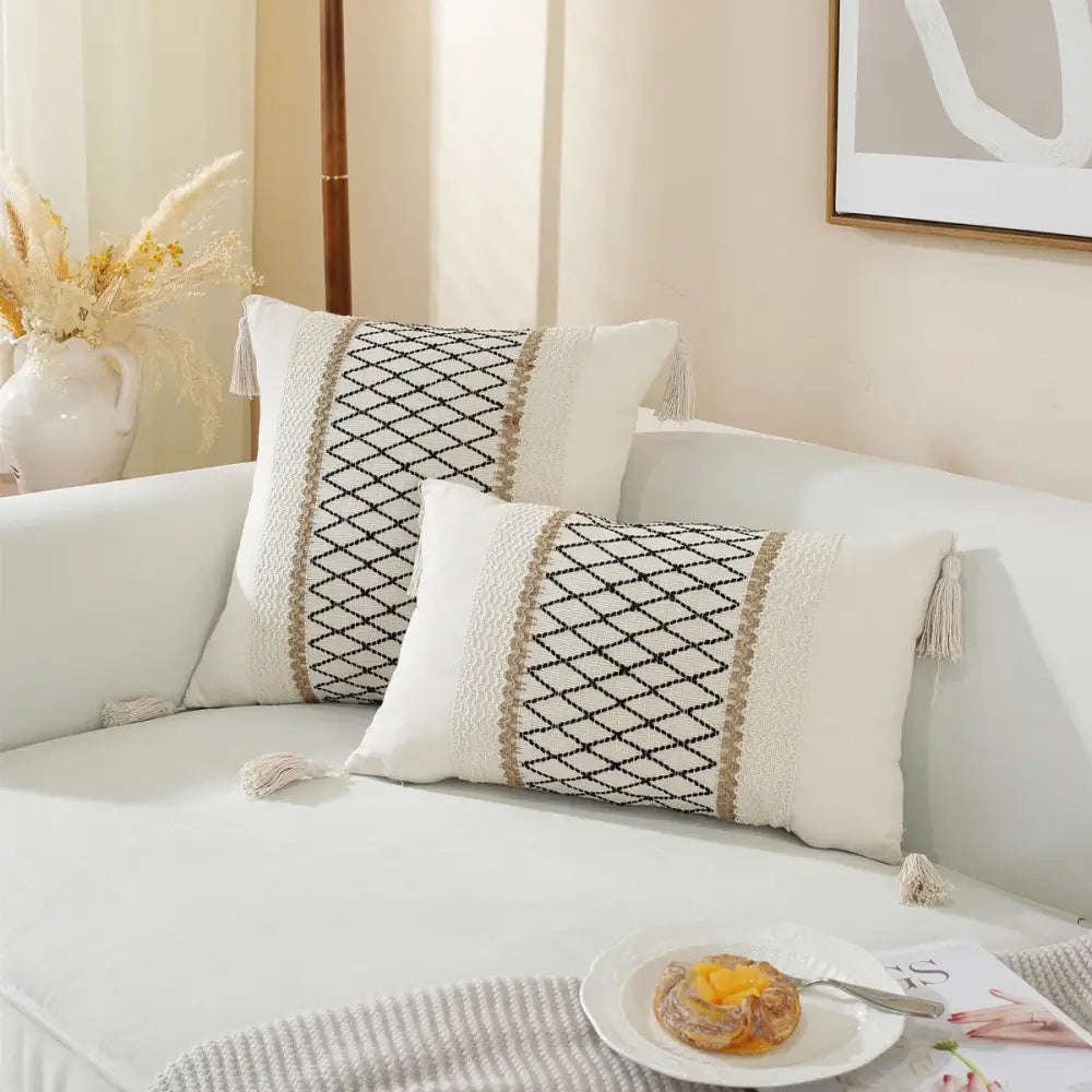 Boho cream & black woven cushion cover living room tasseled pillow