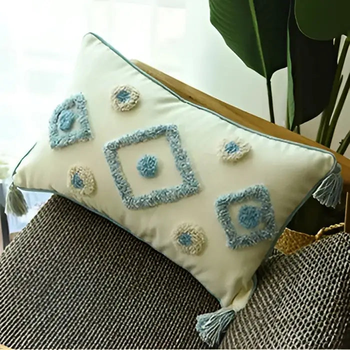 Boho cream & blue diamond cushion cover living room tassels
