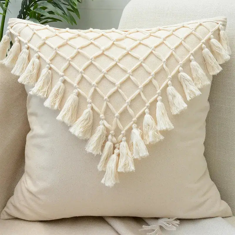 Boho cream lace floral cushion cover living room pom pom pillow