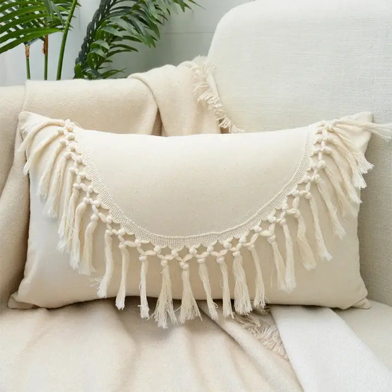 Boho cream lace floral cushion cover living room pom pom pillow