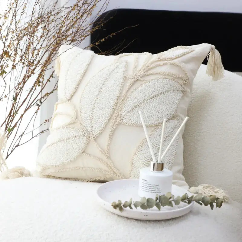 Boho cream leaf geometry tufted cushion cover living room decor