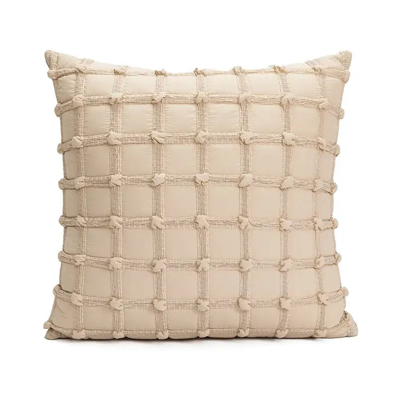 Boho cream & tan geometric tufted fringe cushion cover living room