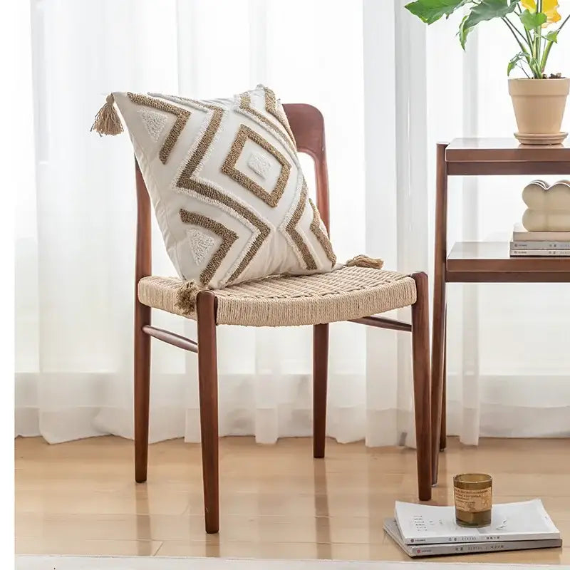 Boho cream & tan geometric tufted fringe cushion cover living room