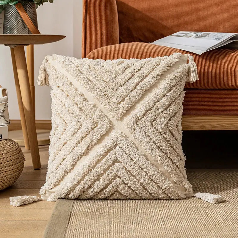 Boho cream textured cotton pillow cover living room tassel decor