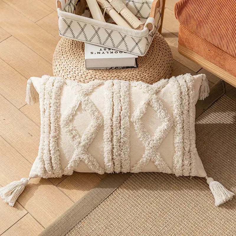 Boho cream textured cotton pillow cover living room tassel decor