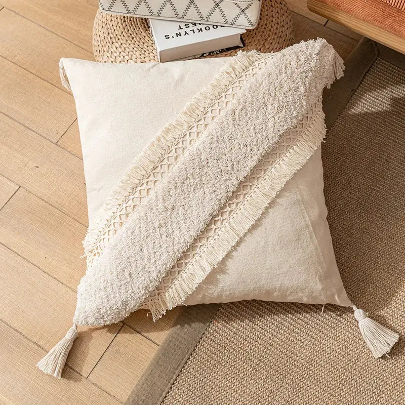 Boho cream textured cotton pillow cover living room tassel decor