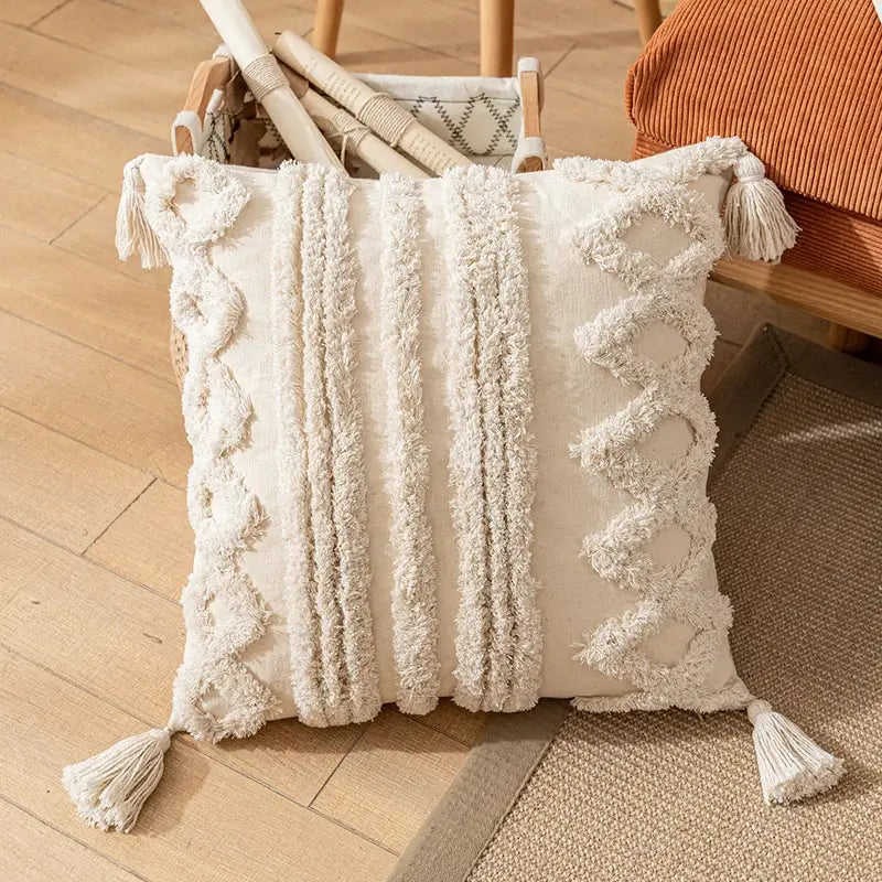 Boho cream textured cotton pillow cover living room tassel decor