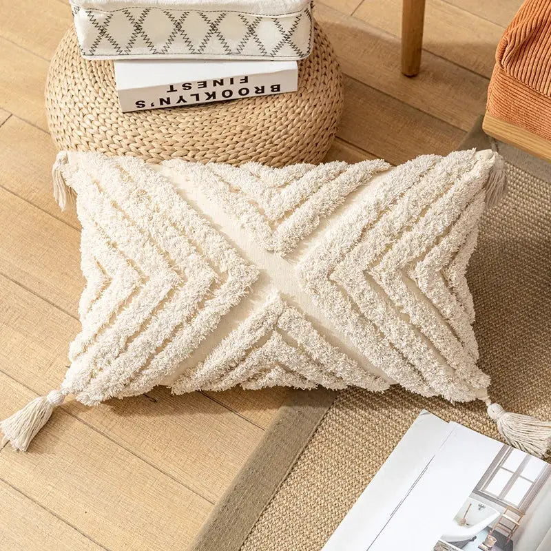 Boho cream textured cotton pillow cover living room tassel decor