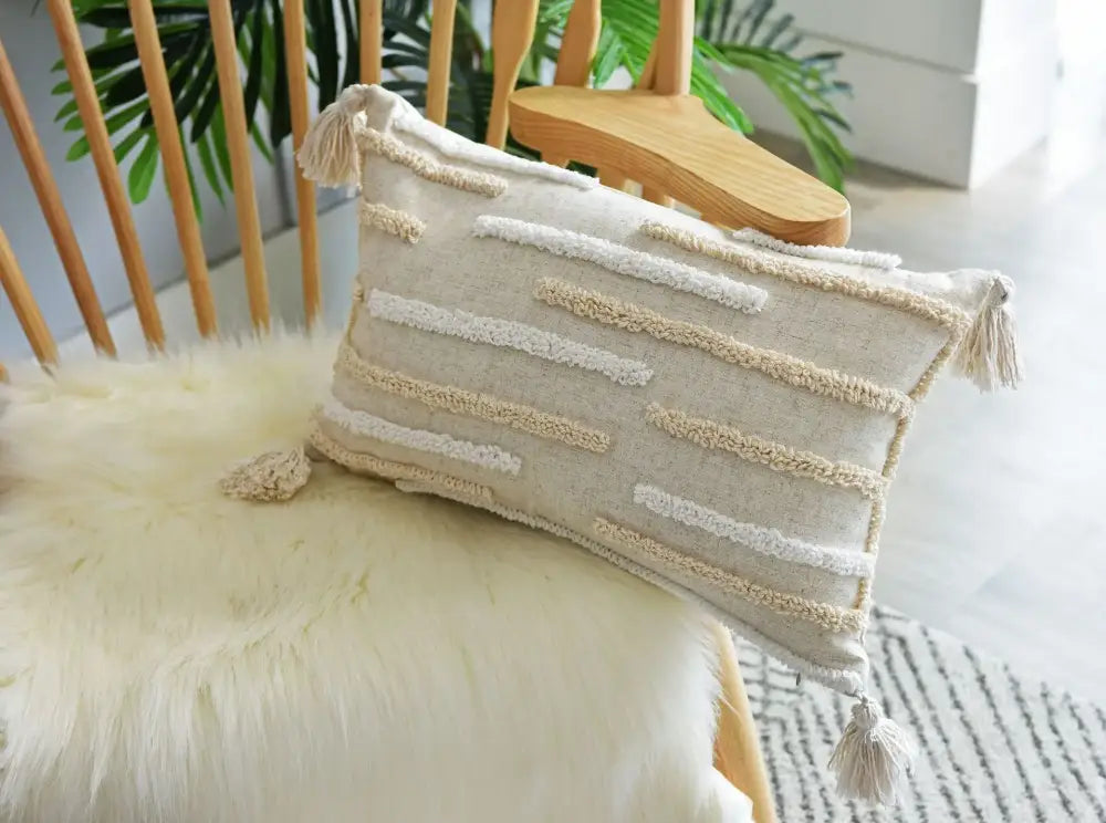 Boho cream textured round lumbar pillow cover set bedroom tassels