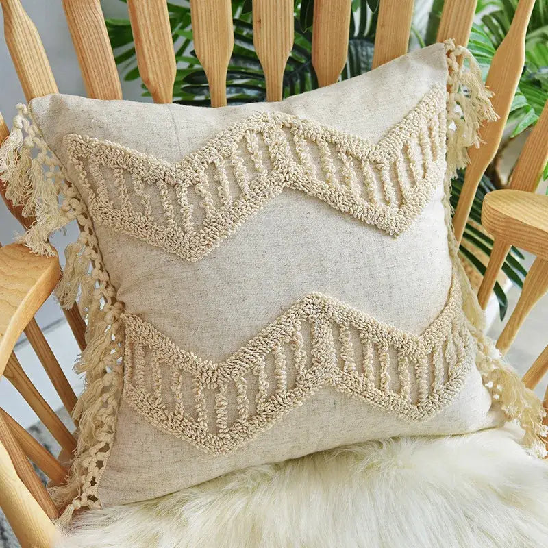 Boho cream textured round lumbar pillow cover set bedroom tassels