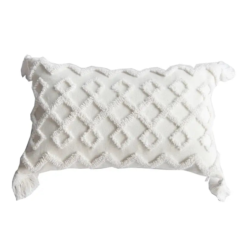Boho cream textured round lumbar pillow cover set bedroom tassels