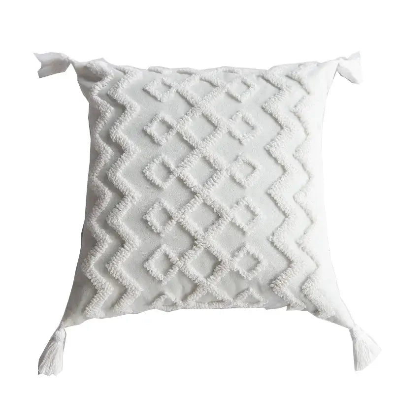Boho cream textured round lumbar pillow cover set bedroom tassels