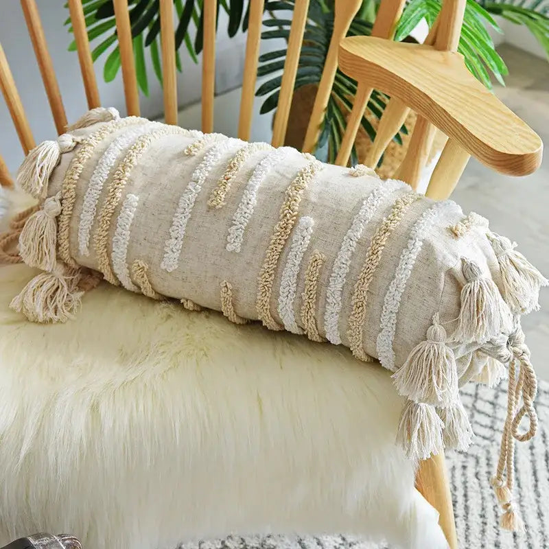 Boho cream textured round lumbar pillow cover set bedroom tassels