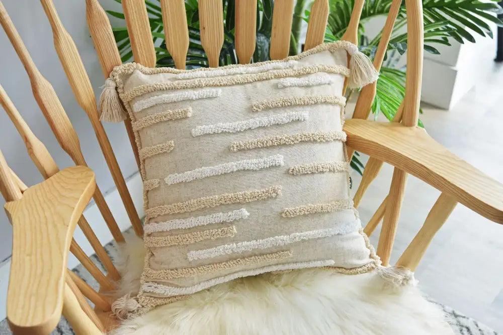 Boho cream textured round lumbar pillow cover set bedroom tassels