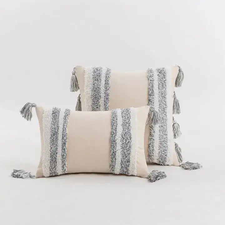 Boho cream tufted cushion cover with tassels for living room