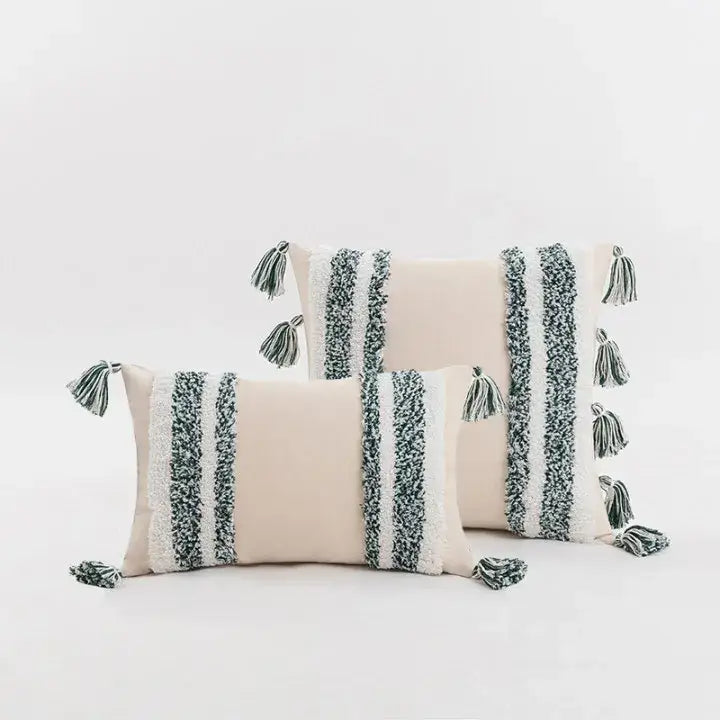 Boho cream tufted cushion cover with tassels for living room