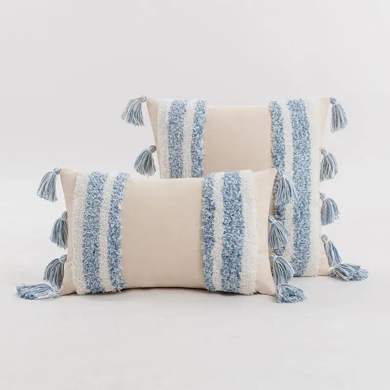 Boho cream tufted cushion cover with tassels for living room