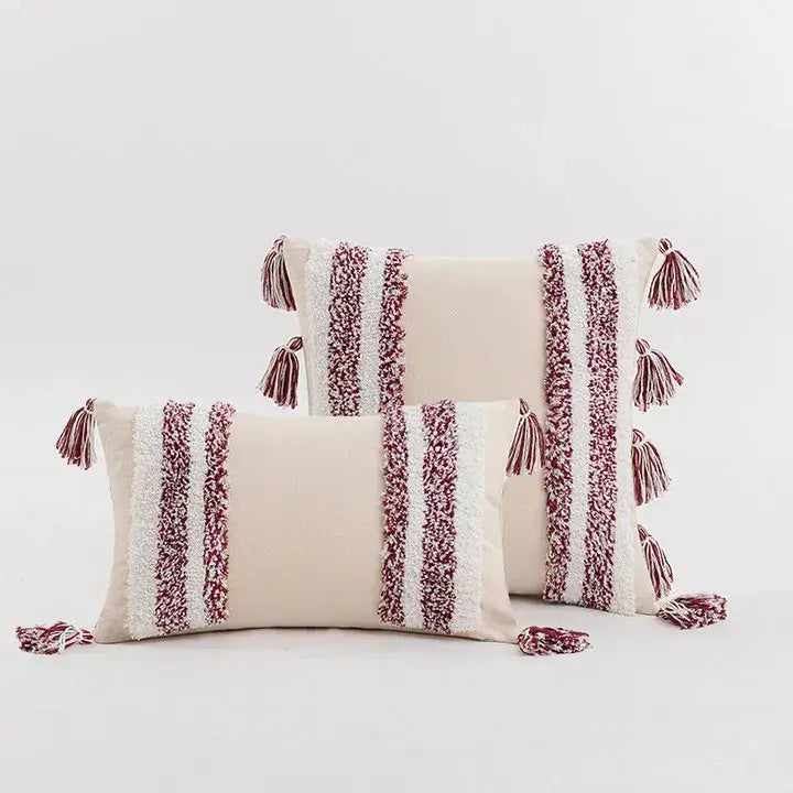 Boho cream tufted cushion cover with tassels for living room