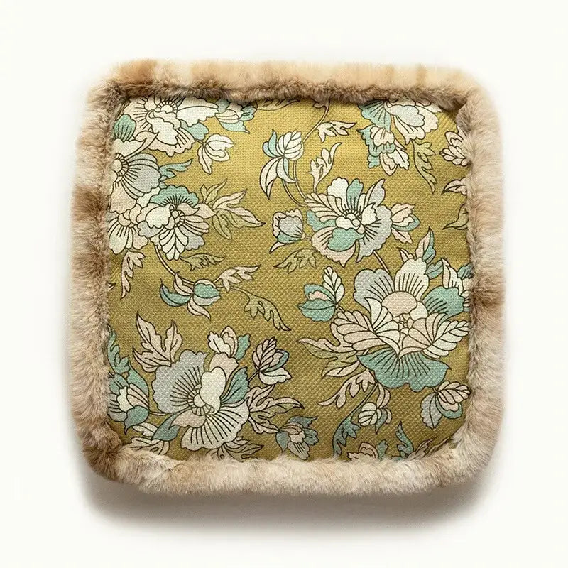 Boho dark floral square seat cushions with gray faux fur trim dining room