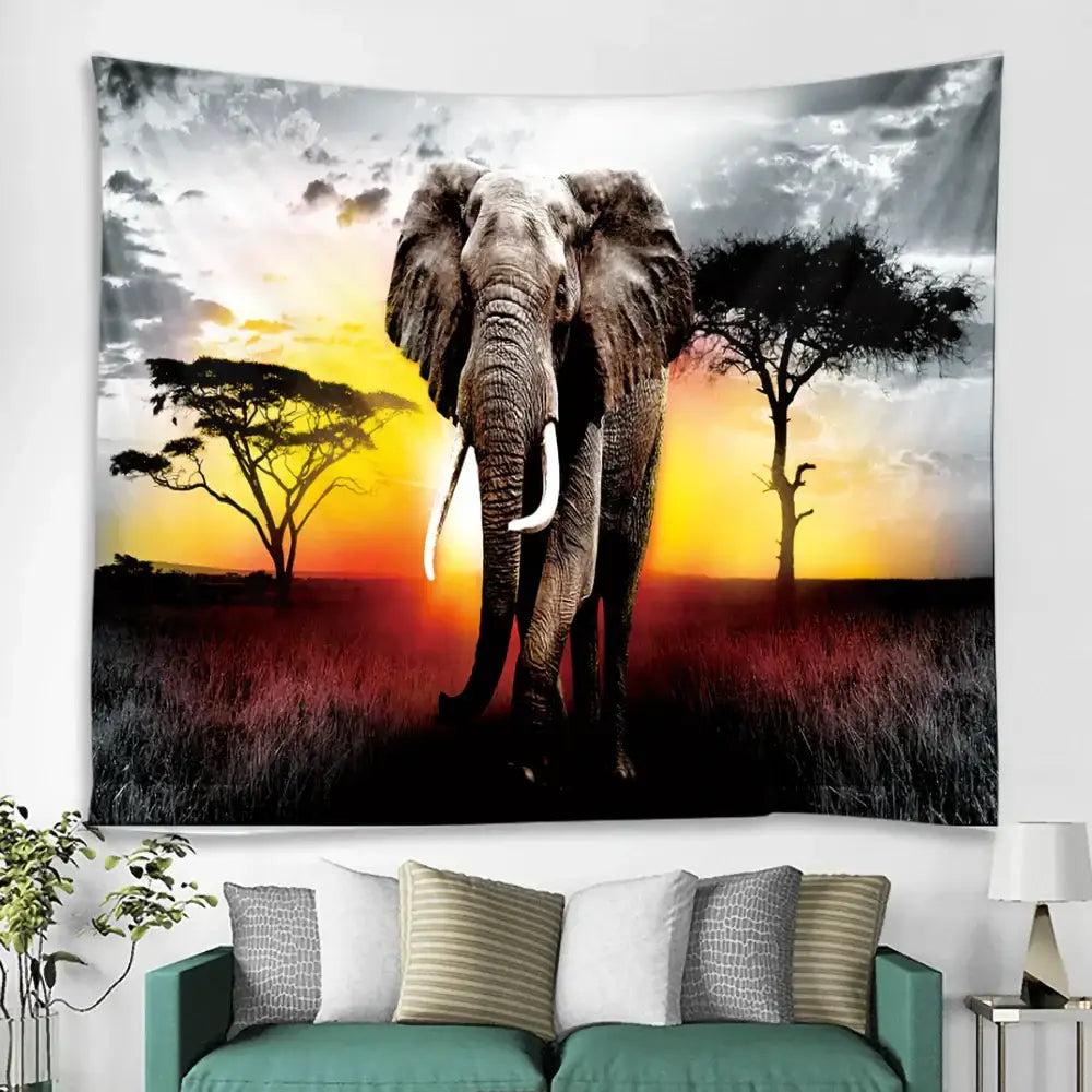 Boho elephant mandala tapestry orange and gray living room wall art
