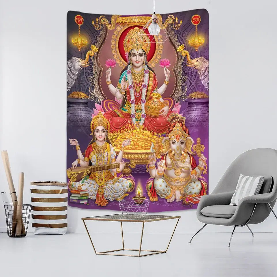 Boho elephant mandala tapestry purple & gold lakshmi bedroom decor