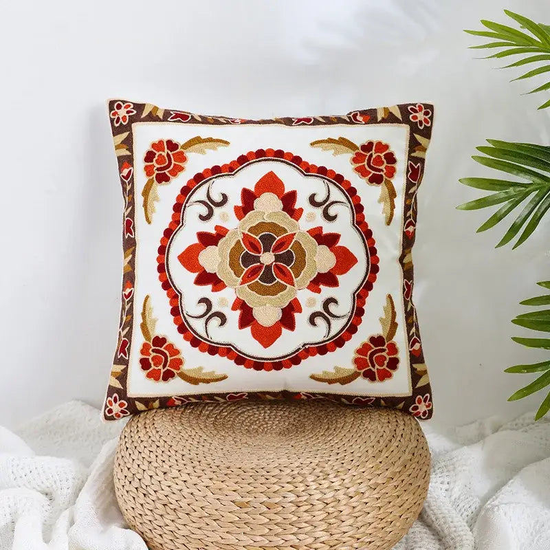 Boho farmhouse floral cream embroidered pillow covers living room