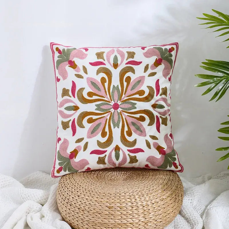 Boho farmhouse floral cream embroidered pillow covers living room