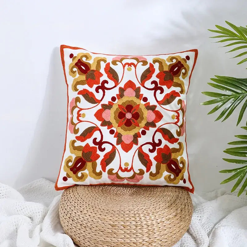 Boho farmhouse floral cream embroidered pillow covers living room