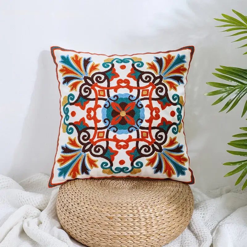 Boho farmhouse floral cream embroidered pillow covers living room