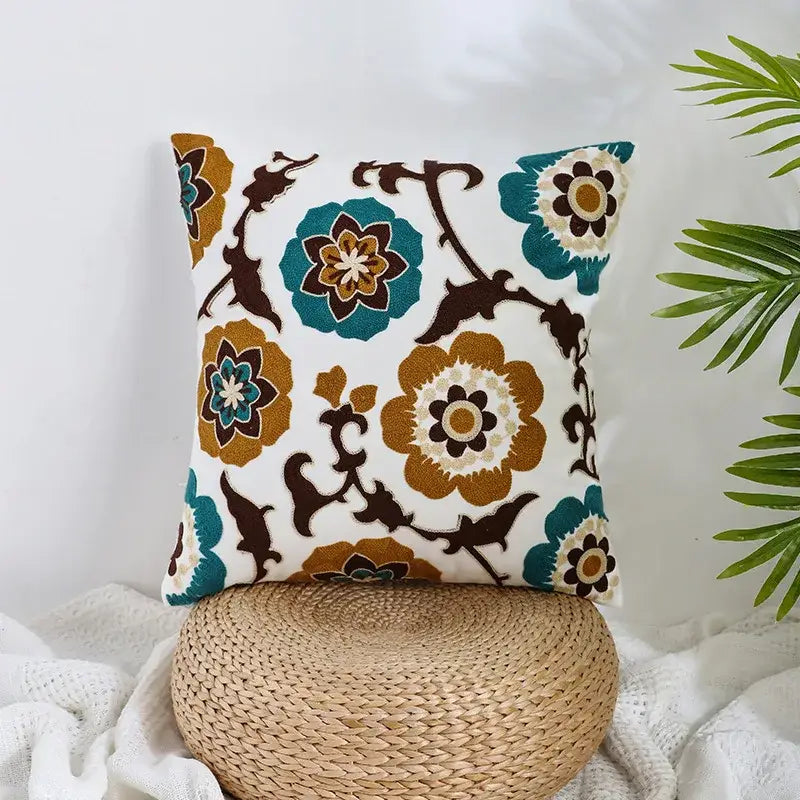 Boho farmhouse floral cream embroidered pillow covers living room