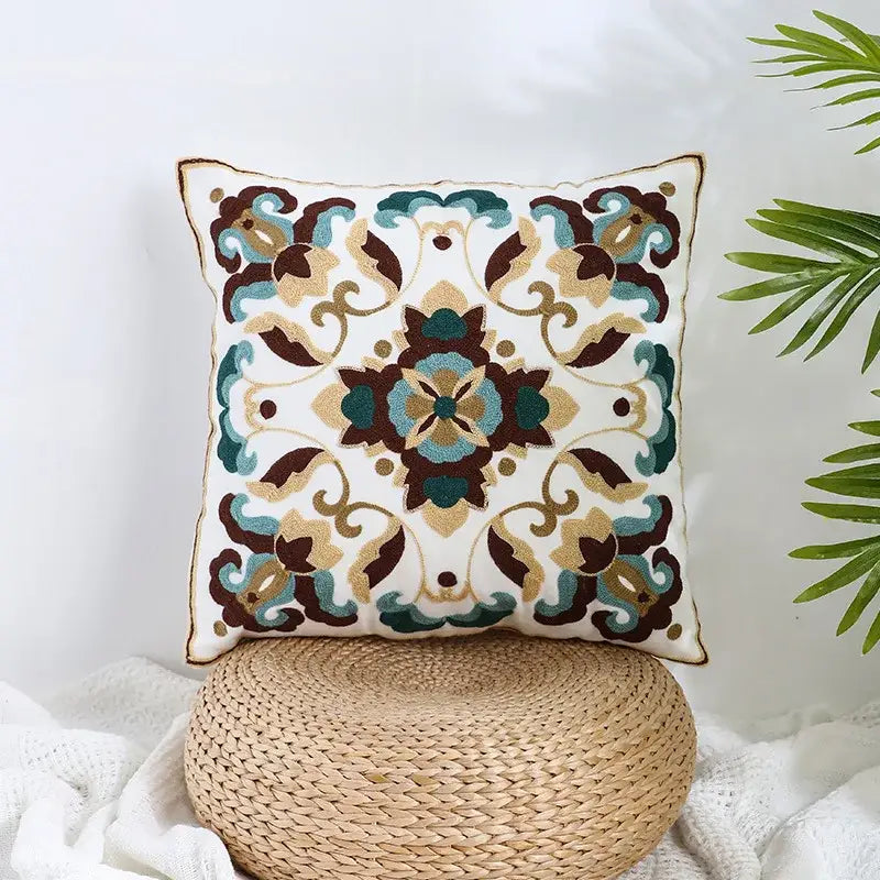 Boho farmhouse floral cream embroidered pillow covers living room