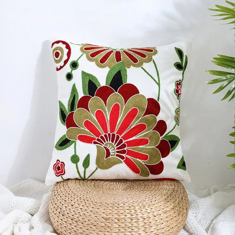 Boho farmhouse floral cream embroidered pillow covers living room