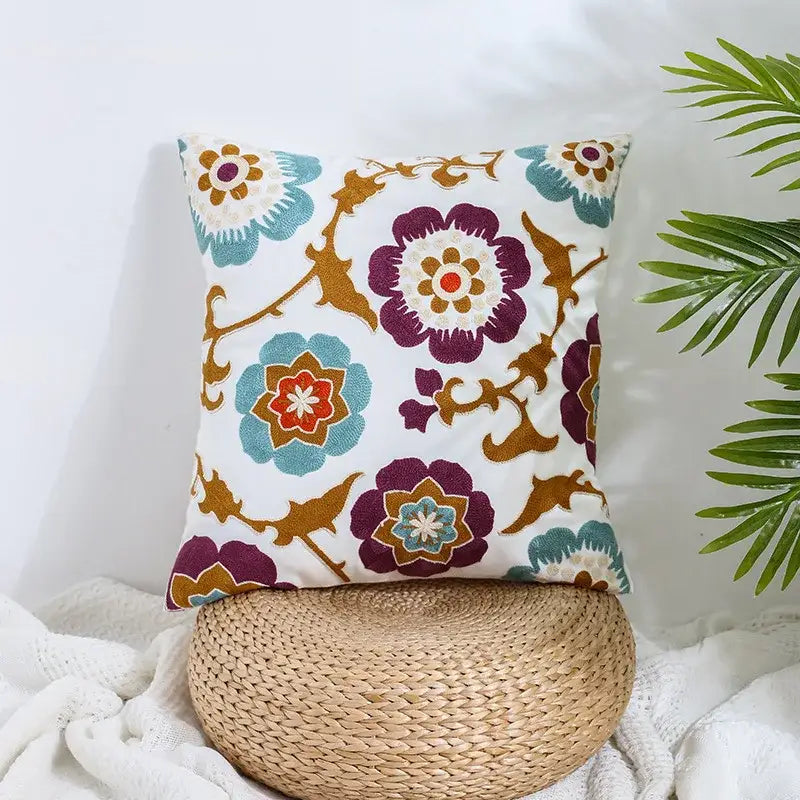 Boho farmhouse floral cream embroidered pillow covers living room
