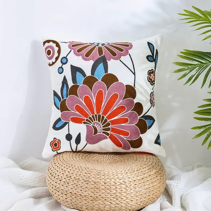 Boho farmhouse floral cream embroidered pillow covers living room