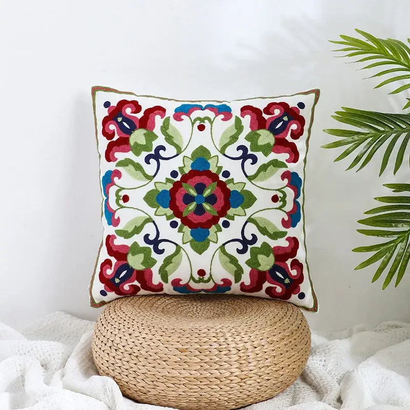 Boho farmhouse floral cream embroidered pillow covers living room