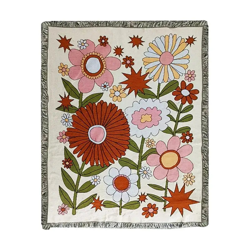 Boho floral cotton blanket navy blue & orange living room throw